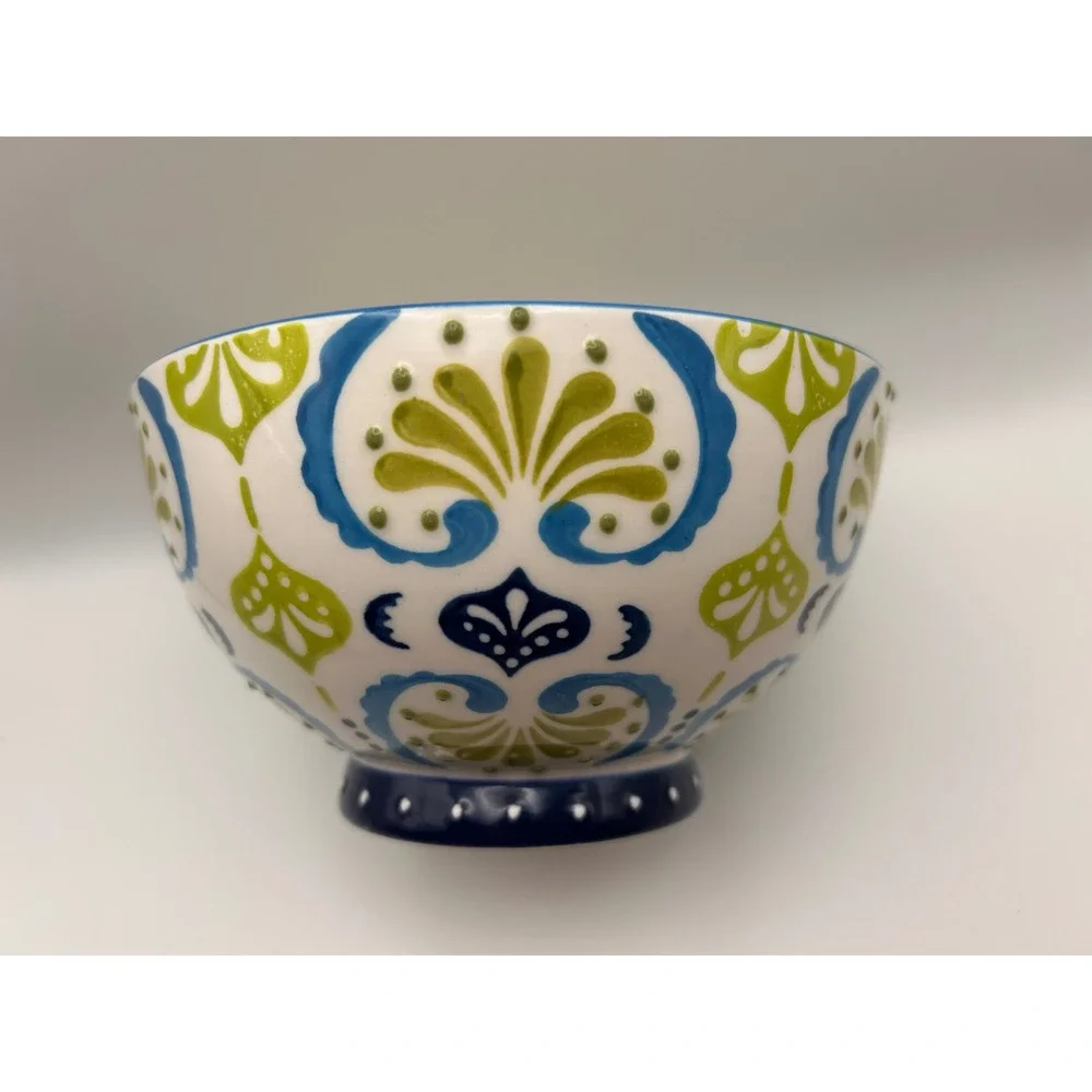 Bohemian Stoneware Footed Bowl Blue Lime Green Floral Damask 6 Inch